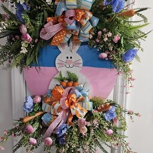 Spring Bunny Door Wreath with Pastel Flowers and Bows